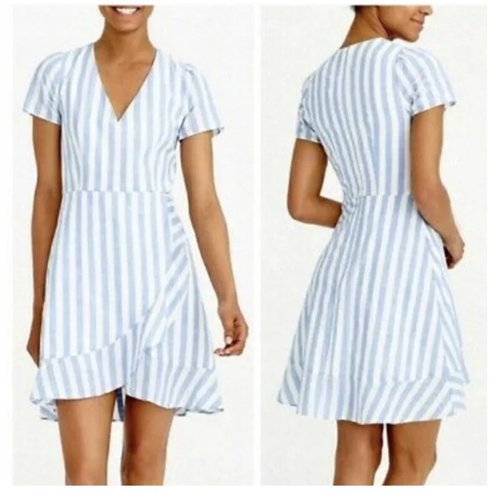 J. Crew Blue and White Striped Short Sleeve Tiered Cotten Ruffle Striped Dress